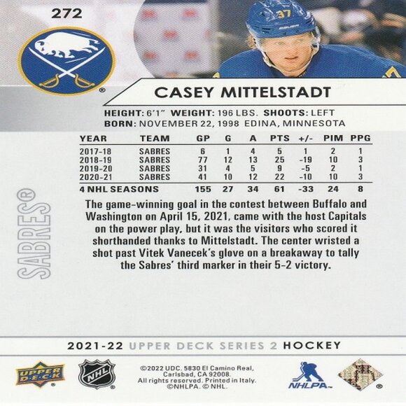 Casey Mittelstadt - 2021/2022 Upper Deck Series 2 Hockey Card - Picture 2 of 2